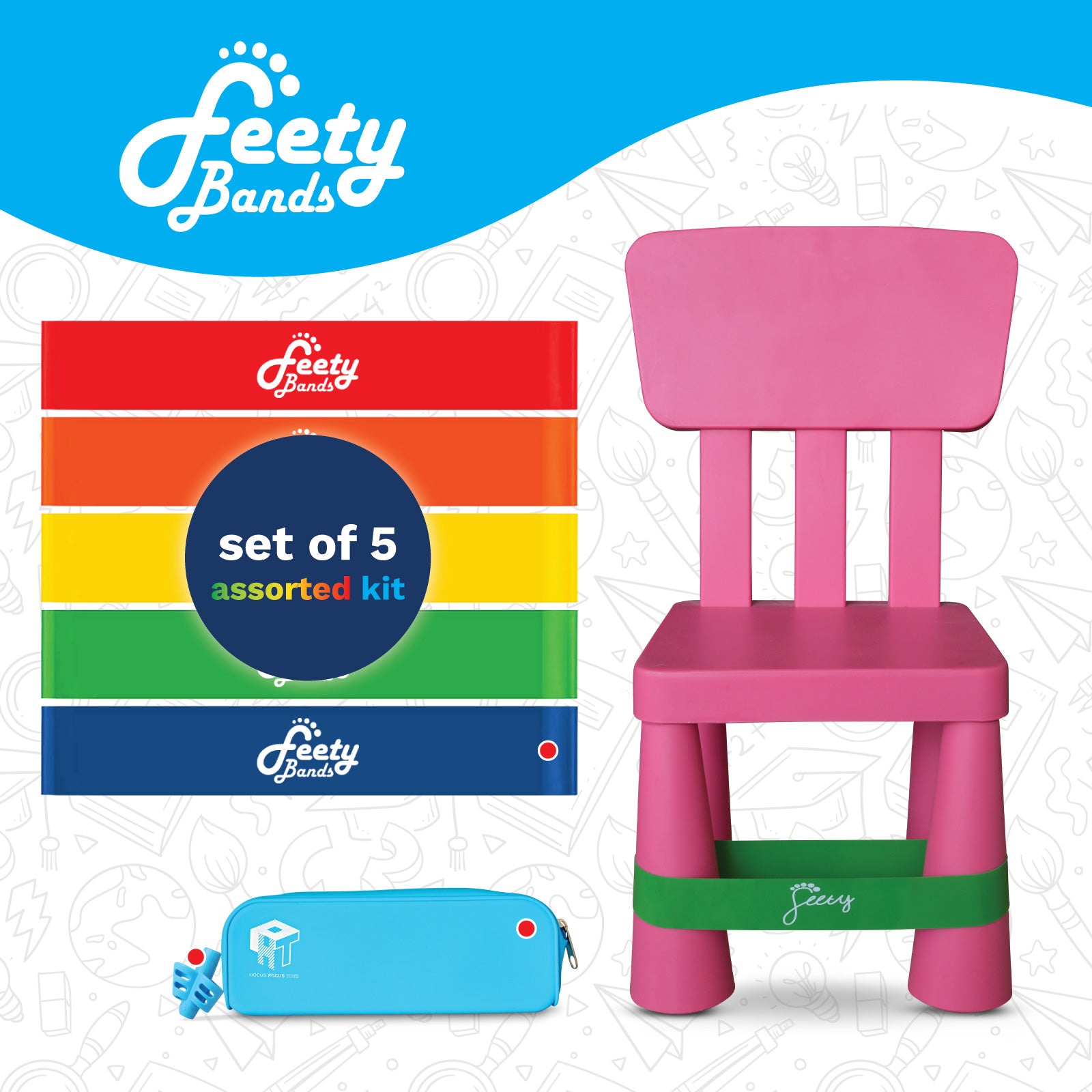 Feety Chair Bands for Kids - Flexible Seating & Fidget Toy for Classroom & Home + Pencil Case & Handwriting Grip (Color, School Kit of 5)